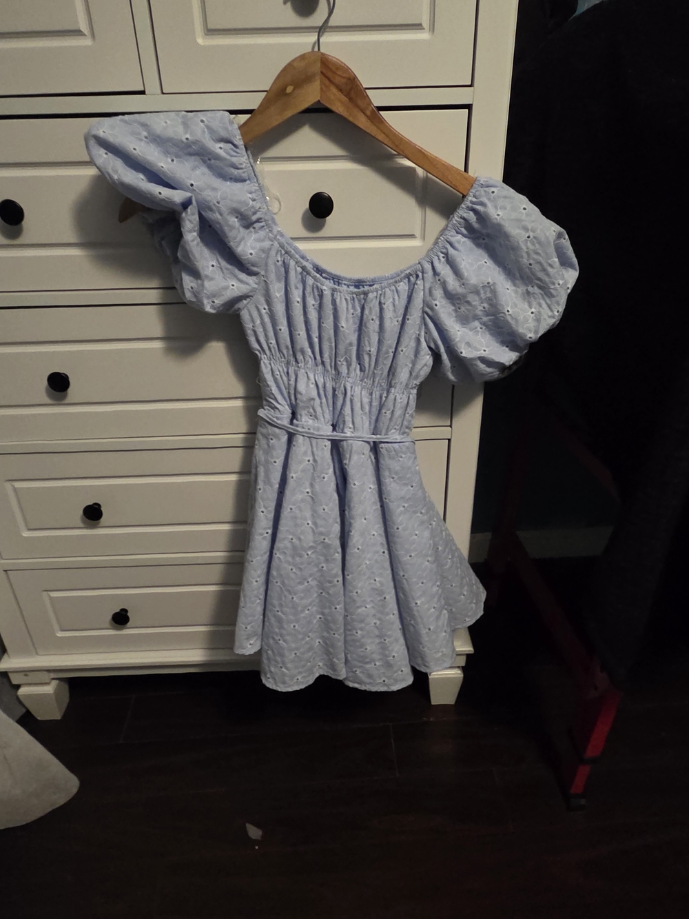 Light Blue Eyelet Puff-Sleeve Girls' Casual Dress